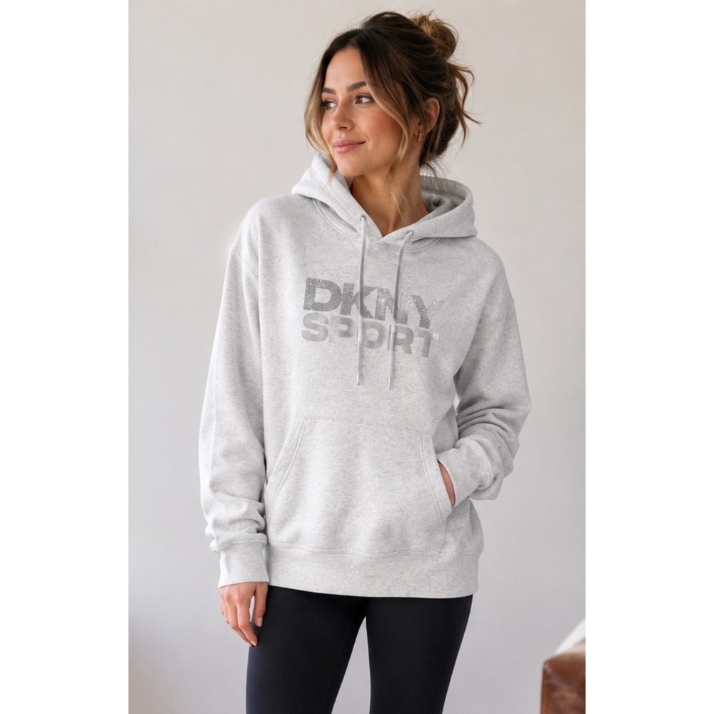 DKNY SPORT Hoodie Sweatshirt Women 2X Grey Rhinestone Logo Pullover Fleece Lined